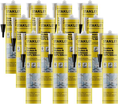 Stanley Premium Kitchen & Bathroom, 1x10.1 fl.oz. White, 100% Silicone Caulk - Low Odor, UV Protection, 100% Waterproof Sealant and Adhesive for Kitchen and Bathroom, Window & Door and Glazing, 1 Pack in Kuwait