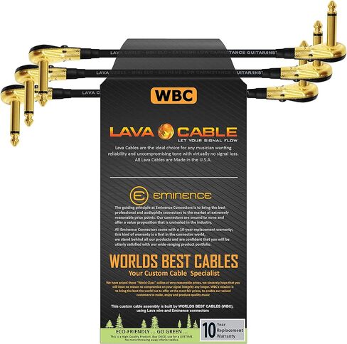 WORLDS BEST CABLES 3 Units - Lava Mini ELC (Black) - 9 Inch - Guitar Bass Effects Instrument, S-Shaped Patch Cable with Premium Gold Plated ¼ Inch (6.35mm), Right Angle Pancake Type TS Connectors in Saudi Arabia