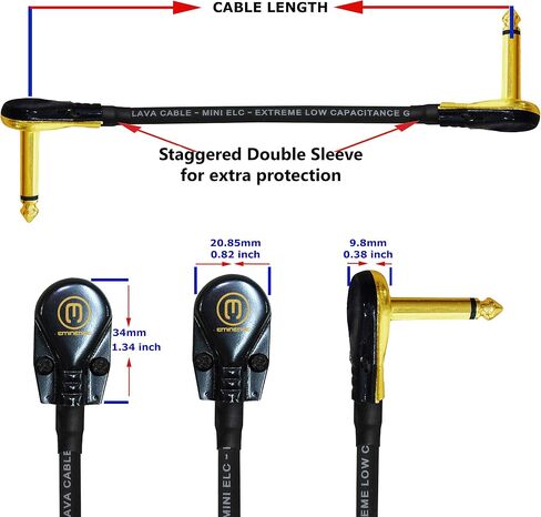 WORLDS BEST CABLES 3 Units - Lava Mini ELC (Black) - 9 Inch - Guitar Bass Effects Instrument, S-Shaped Patch Cable with Premium Gold Plated ¼ Inch (6.35mm), Right Angle Pancake Type TS Connectors in Saudi Arabia