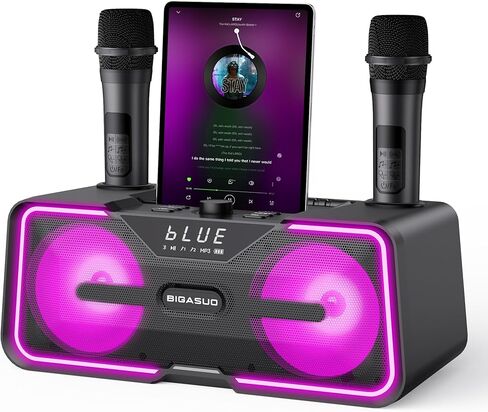 آلة كاريوكي BIGASUO مع ضوء LED 2 ميكروفونات لاسلكية UHF نظام مكبر صوت بلوتوث محمول للبالغين والأطفال في الأماكن المغلقة والخارجية يدعم USB TF بطاقة AUX في in Kuwait