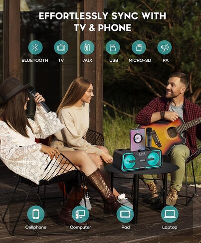 آلة كاريوكي BIGASUO مع ضوء LED 2 ميكروفونات لاسلكية UHF نظام مكبر صوت بلوتوث محمول للبالغين والأطفال في الأماكن المغلقة والخارجية يدعم USB TF بطاقة AUX في in Kuwait