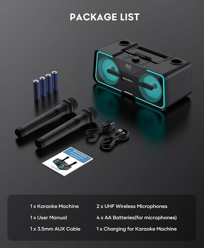 آلة كاريوكي BIGASUO مع ضوء LED 2 ميكروفونات لاسلكية UHF نظام مكبر صوت بلوتوث محمول للبالغين والأطفال في الأماكن المغلقة والخارجية يدعم USB TF بطاقة AUX في in Kuwait