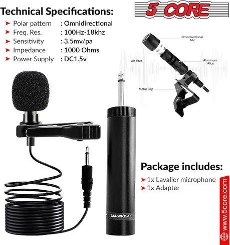 ميكروفون سلكي صغير مزود بمشبك من 5 CORE Premium Lavalier مع ميكروفونات مكثفة متعددة الاتجاهات للبث والتسجيل ومدونات الفيديو والأندرويد والهواتف الذكية وكاميرات DSLR والكاميرا والكمبيوتر والكمبيوتر المحمول in Kuwait