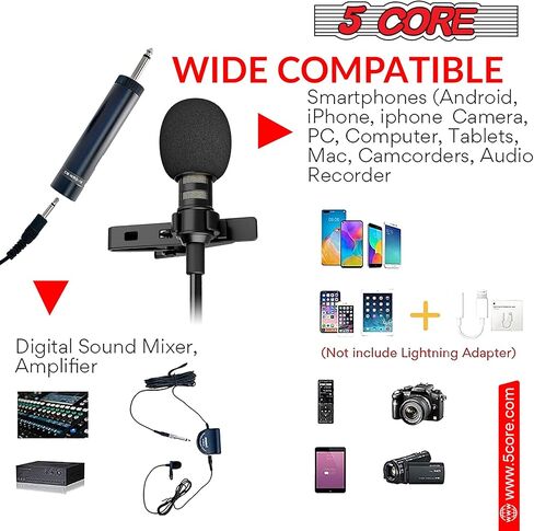 ميكروفون سلكي صغير مزود بمشبك من 5 CORE Premium Lavalier مع ميكروفونات مكثفة متعددة الاتجاهات للبث والتسجيل ومدونات الفيديو والأندرويد والهواتف الذكية وكاميرات DSLR والكاميرا والكمبيوتر والكمبيوتر المحمول in Kuwait