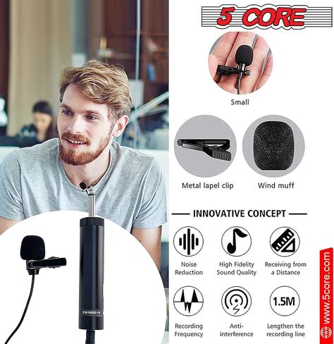 ميكروفون سلكي صغير مزود بمشبك من 5 CORE Premium Lavalier مع ميكروفونات مكثفة متعددة الاتجاهات للبث والتسجيل ومدونات الفيديو والأندرويد والهواتف الذكية وكاميرات DSLR والكاميرا والكمبيوتر والكمبيوتر المحمول in Kuwait