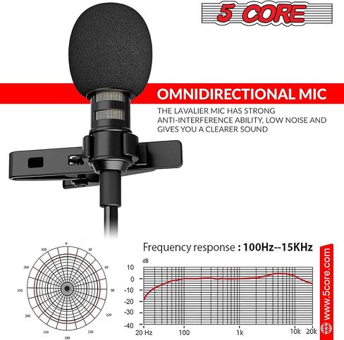 ميكروفون سلكي صغير مزود بمشبك من 5 CORE Premium Lavalier مع ميكروفونات مكثفة متعددة الاتجاهات للبث والتسجيل ومدونات الفيديو والأندرويد والهواتف الذكية وكاميرات DSLR والكاميرا والكمبيوتر والكمبيوتر المحمول in Kuwait