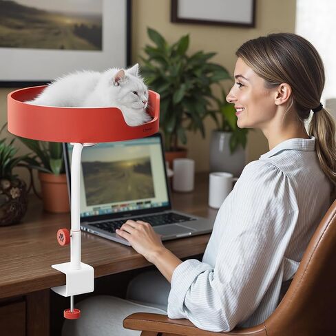 Cat Bed Desk Nest with Teaser,Easy Installation Shelf,Sturdy Frame,Removable Cushioned Cushion, Space Saving Design,Ideal for Side Table,Home Office,Fits Cats in Saudi Arabia