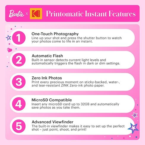 Barbie x Kodak Printomatic Full-Color Instant Print Digital Camera – 5MP Portable Barbie Camera Prints Colorful 2x3" Sticky-Back Photos – Iconic Style in Saudi Arabia