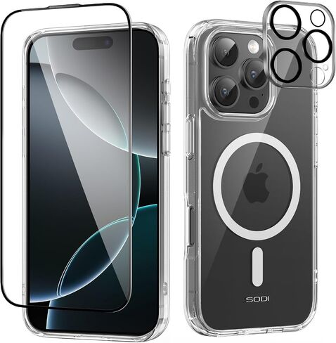 SODI 3 in 1 Magnetic Phone Case Designed for iPhone 16 Pro with 1X Screen Protector & 1X Camera Lens Protector, Military-Grade Protection Phone Case Compatible with MagSafe [Not-Yellowing],Clear in Saudi Arabia
