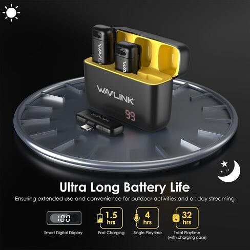 WAVLINK Wireless Lavalier Microphone for iPhone Android Vlog, Clip on Lapel Mic System & Lightning & USB-C Inputs & Battery Case for YouTube Facebook Live, Video Recording(1*TX+1*RX) in Saudi Arabia