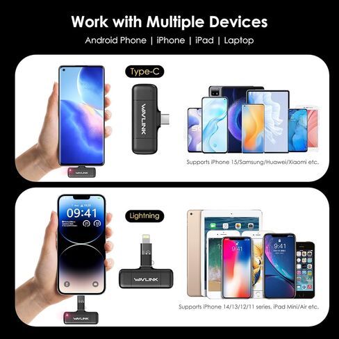WAVLINK Wireless Lavalier Microphone for iPhone Android Vlog, Clip on Lapel Mic System & Lightning & USB-C Inputs & Battery Case for YouTube Facebook Live, Video Recording(1*TX+1*RX) in Saudi Arabia