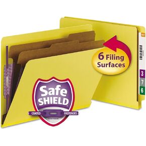 Smead 100% Recycled End Tab Pressboard Classification File Folder with SafeSHIELD Fasteners, 2 Dividers, 2" Expansion, Letter Size, Blue (26781)