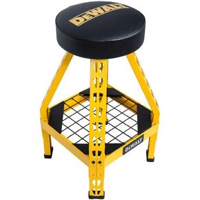 DEWALT Heavy-Duty Metal Stool for Garage and Shop, 360 Swivel Seat, Storage Tray, Padded Rip-Resistant Seat, Steel Frame, Industrial Powder Coating