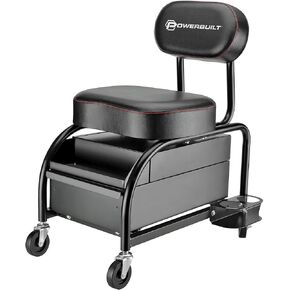 Powerbuilt Professional Car Detailers Mechanics Roller Seat, Heavy Duty Garage Stool with Thick Padded Seat and Backrest, 2 Sliding Storage Drawers, Tool Tray, Can Holders, 3in. Swivel Casters–240299