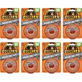 Gorilla Tough & Clear, Double Sided Mounting Tape, Weatherproof, 1" x 60", Clear, (Pack of 8)