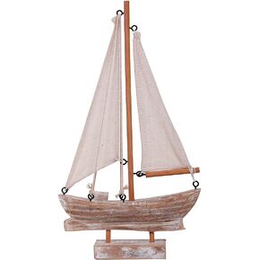 Wood Sailboat Decor with LED Light Nautical Decoration for Home, 9.33" H Vintage Sail Boat Model Ship Rustic Beach Ocean Theme Tabletop Decor for Bathroom Living Room Party Decor