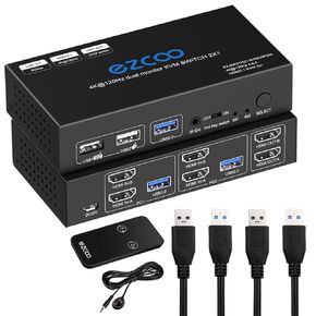 USB 3.0 KVM Switch HDMI Dual Monitor 2 Computer 4K 120Hz 8K VRR G/Sync Atmos HotKey Toggle IR Remote- KVM Extend Display Keyboard Mouse Printer, USB 3.0 Cable, IR Extender, HDMI 2.1 HDCP 2.3 21KVMDM