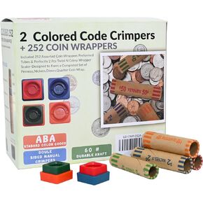 L LIKED 252 Assorted Coin Wrappers Preformed Tubes & 2 Twist N Crimp Wrapper Sealer -(Quarters, Pennies, Nickels and Dimes)