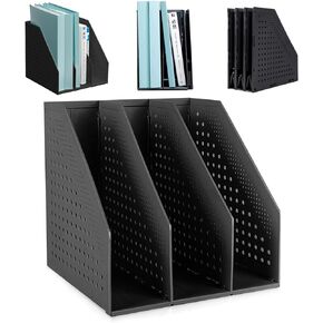 SAYEEC 2Pcs Collapsible Plastic Magazine File Holder Vertical Binder Storage Organizer for Desk Sturdy Upright Desktop Magazine Organizer Folder Rack for Office School Home (3 Compartments, Gray)