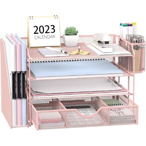 منظم مكتب شبكي من SUPEASY، منظم ورق بدرج رسائل مكون من 4 صواني مع حامل ملفات، منظم ملفات مكتب مع درج إضافي وحاملي أقلام، فارز ورق بمقبض للمكتب، أسود in Kuwait