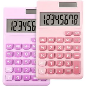 2 Pieces Basic Standard Calculators Mini Digital Desktop Calculator with 8-Digit LCD Display, Battery Solar Power Smart Calculator Pocket Size for Home School for Kids (Blue, Pink)