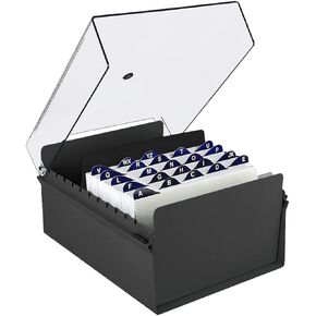 Acrimet 6 x 9 Card File Holder Organizer Box Metal Base Heavy Duty (AZ Index Cards and Divider Included) (Black Color with Crystal Plastic Lid Cover)
