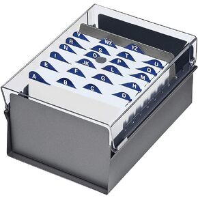 حامل ملفات بطاقات Acrimet 4 × 6 منظم قاعدة معدنية شديدة التحمل (يتضمن بطاقات مؤشر AZ ومقسم) (لون رمادي مع غطاء غطاء بلاستيكي كريستالي شفاف) in Kuwait