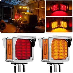 2Pcs Double Face Square LED Fender Pedestal Turn Signal Lights Amber/Red 39 LED w/Chrome Visor Square Truck Trailer Fender Stop Tail Turn Signal Lights w/Side Reflex Marker Driver and Passenger Side