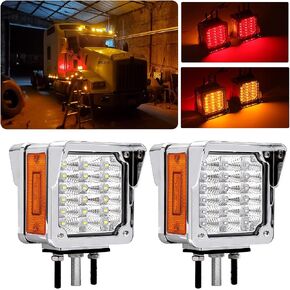 2Pcs Double Face Square LED Fender Pedestal Turn Signal Lights Amber/Red 39 LED w/Chrome Visor Square Truck Trailer Fender Stop Tail Turn Signal Lights w/Side Reflex Marker Driver and Passenger Side in Kuwait