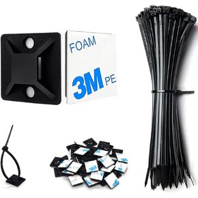 50 Set Cable Zip Tie Self Adhesive Mounts Kit with 6" Zip Ties, 3/4" Wire Holders Squares, Screws - Sticky Wire Fasteners Cable Clips Management Anchors Organizer
