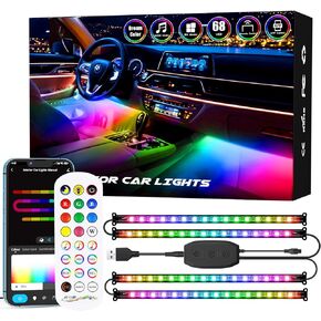 Interior Car Lights, 2-in-1 Design 5V 2.1A 4PCS 68 LEDs Lights APP Control with Remote, Music Sync Color Change, DIY, USB Powered Under Dash Trim Lights for Car