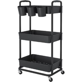 JIUYOTREE 3-Tier Plastic Rolling Storage Cart Utility Cart with Extra Hanging Cups Handles Lockable Wheels for Living Room Bathroom Kitchen Office Black