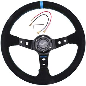 RASTP Universal Racing Steering Wheel Suede Deep Dish 13.58"/345mm 6 Bolts with Horn Button Include Cable,Wrench (Blue)