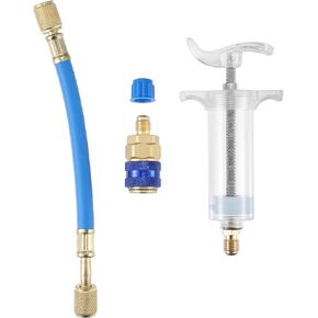 X AUTOHAUX Oil and Dye Injectors Kit 30ml/1 Oz Hand Push Compressor Manual AC Oil Dye Injector with Quick Coupler 1/4 SAE Connector Car HVAC Compressor Oil Dye Injector Refrigerant Tool