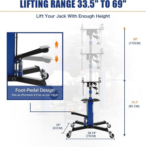 Garvee Transmission Jack, (1/2 Ton)1100 lbs Capacity 2 Stage Adjustable Hydraulic Telescopic Transmission Jack with Foot Pedal, 33.5"-69" High Lift and 360° Swivel Wheel, Garage/Shop Lift Hoist, Blue in Saudi Arabia
