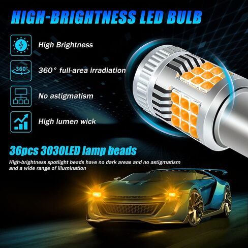 Sidaqi 1156 LED لمبة إشارة الانعطاف CANBUS خالية من الأخطاء 2640LM 600% فائقة السطوع 7507 PY21W BAU15S لمبة وامضة كهرمانية مدمجة في مقاوم مضاد لمروحة تبريد فلاش مفرطة (حزمة من 2) in Kuwait
