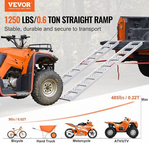 VEVOR Motorcycle Ramps, 750lbs Folding Loading Ramps for Pickup Trucks Bed, Trailers Ramp with Load Straps for Motorcycle, Dirt Bike, UTV, Lawn Mower, Truck, Snowblower, Cargo Trailer, 89"L x 12"W,1Pc in Saudi Arabia
