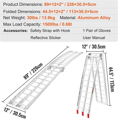 VEVOR Motorcycle Ramps, 750lbs Folding Loading Ramps for Pickup Trucks Bed, Trailers Ramp with Load Straps for Motorcycle, Dirt Bike, UTV, Lawn Mower, Truck, Snowblower, Cargo Trailer, 89"L x 12"W,1Pc in Saudi Arabia