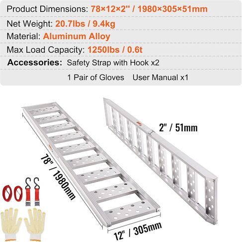 VEVOR Motorcycle Ramps, 750lbs Folding Loading Ramps for Pickup Trucks Bed, Trailers Ramp with Load Straps for Motorcycle, Dirt Bike, UTV, Lawn Mower, Truck, Snowblower, Cargo Trailer, 89"L x 12"W,1Pc in Saudi Arabia