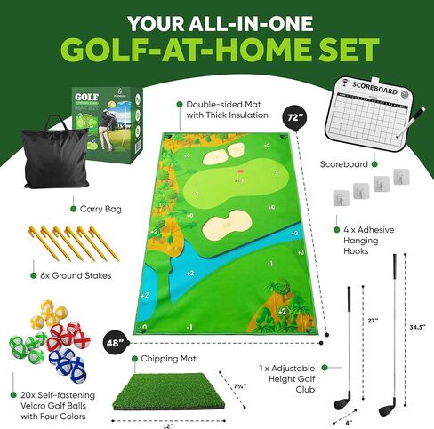 لعبة SuiMono Golf Chipping - سجادة جولف مزدوجة الجوانب، تصميم ملعب جولف واقعي ونظام تسجيل، تتضمن نادي بطول قابل للتعديل - بساط جولف سميك يشبه العشب للعبة جولف عائلية داخلية/خارجية in Kuwait
