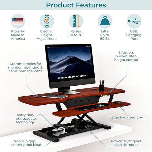 VERSADESK PowerPro 36 Inch Electric Standing Desk Converter, Height Adjustable Sit to Stand Up Desk Riser, Laptop and Dual Monitor Desktop Workstation with Wide Keyboard Tray and USB Port, Black in Kuwait