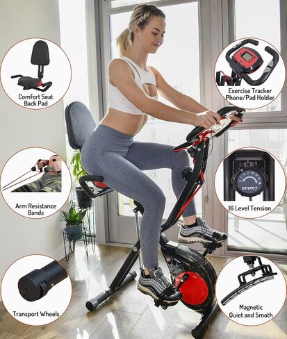 YYFITT 3-In-1 Folding Exercise Bike, Stationary Bikes for Home with Arm Workout Bands, Indoor Fitness Bike with 16 Levels Magnetic Resistance, Fully Support Back Pad and Phone/Tablet Holder, 2-in-1 Bike Frame in Saudi Arabia
