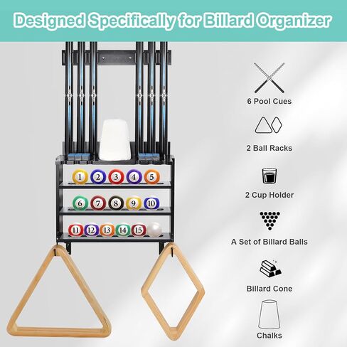 حامل عصا البلياردو من GUULIBERA، حامل عصا حمام السباحة على الحائط لـ 6 حامل عصا حمام السباحة ومجموعة كاملة من الكرات، حامل عصا البلياردو من الخشب الصلب 100%، رف عصا البلياردو لملحقات طاولة البلياردو in Kuwait