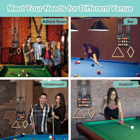 حامل عصا البلياردو من GUULIBERA، حامل عصا حمام السباحة على الحائط لـ 6 حامل عصا حمام السباحة ومجموعة كاملة من الكرات، حامل عصا البلياردو من الخشب الصلب 100%، رف عصا البلياردو لملحقات طاولة البلياردو in Kuwait