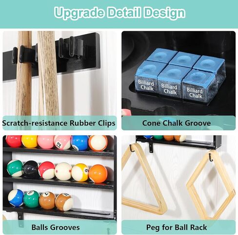 حامل عصا البلياردو من GUULIBERA، حامل عصا حمام السباحة على الحائط لـ 6 حامل عصا حمام السباحة ومجموعة كاملة من الكرات، حامل عصا البلياردو من الخشب الصلب 100%، رف عصا البلياردو لملحقات طاولة البلياردو in Kuwait