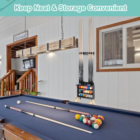 حامل عصا البلياردو من GUULIBERA، حامل عصا حمام السباحة على الحائط لـ 6 حامل عصا حمام السباحة ومجموعة كاملة من الكرات، حامل عصا البلياردو من الخشب الصلب 100%، رف عصا البلياردو لملحقات طاولة البلياردو in Kuwait