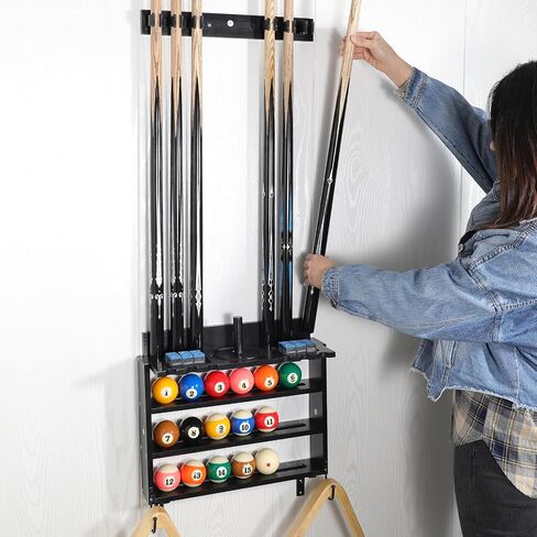 حامل عصا البلياردو من GUULIBERA، حامل عصا حمام السباحة على الحائط لـ 6 حامل عصا حمام السباحة ومجموعة كاملة من الكرات، حامل عصا البلياردو من الخشب الصلب 100%، رف عصا البلياردو لملحقات طاولة البلياردو in Kuwait