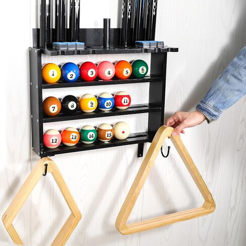 حامل عصا البلياردو من GUULIBERA، حامل عصا حمام السباحة على الحائط لـ 6 حامل عصا حمام السباحة ومجموعة كاملة من الكرات، حامل عصا البلياردو من الخشب الصلب 100%، رف عصا البلياردو لملحقات طاولة البلياردو in Kuwait