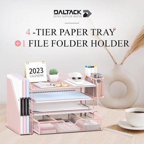 منظم مكتب شبكي من SUPEASY، منظم ورق بدرج رسائل مكون من 4 صواني مع حامل ملفات، منظم ملفات مكتب مع درج إضافي وحاملي أقلام، فارز ورق بمقبض للمكتب، أسود in Kuwait