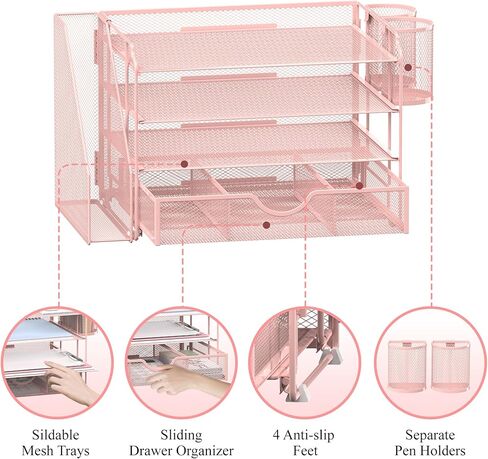 منظم مكتب شبكي من SUPEASY، منظم ورق بدرج رسائل مكون من 4 صواني مع حامل ملفات، منظم ملفات مكتب مع درج إضافي وحاملي أقلام، فارز ورق بمقبض للمكتب، أسود in Kuwait